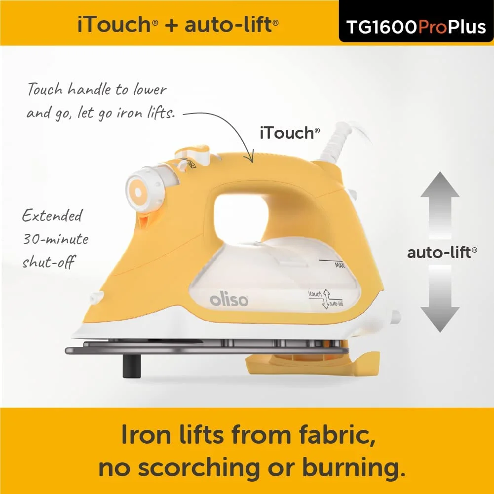 Oliso TG1600 Pro Plus 1800 Watt SmartIron with Auto Lift - for Clothes, Sewing, Quilting and Crafting Ironing | Diamond Ceramic-Flow Soleplate Steam Iron, Yellow - Image 5
