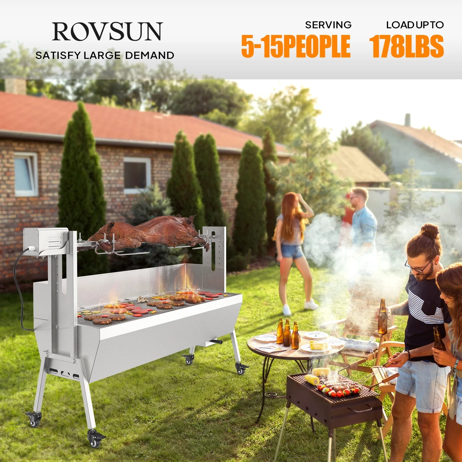 RovSun 46 Electric Rotisserie Grill 176 lbs Capacity 25w Pig Lamb Spit Roaster Rotisserie w/Lockable Wheels Wind Baffle with Adjustable Height - Image 2
