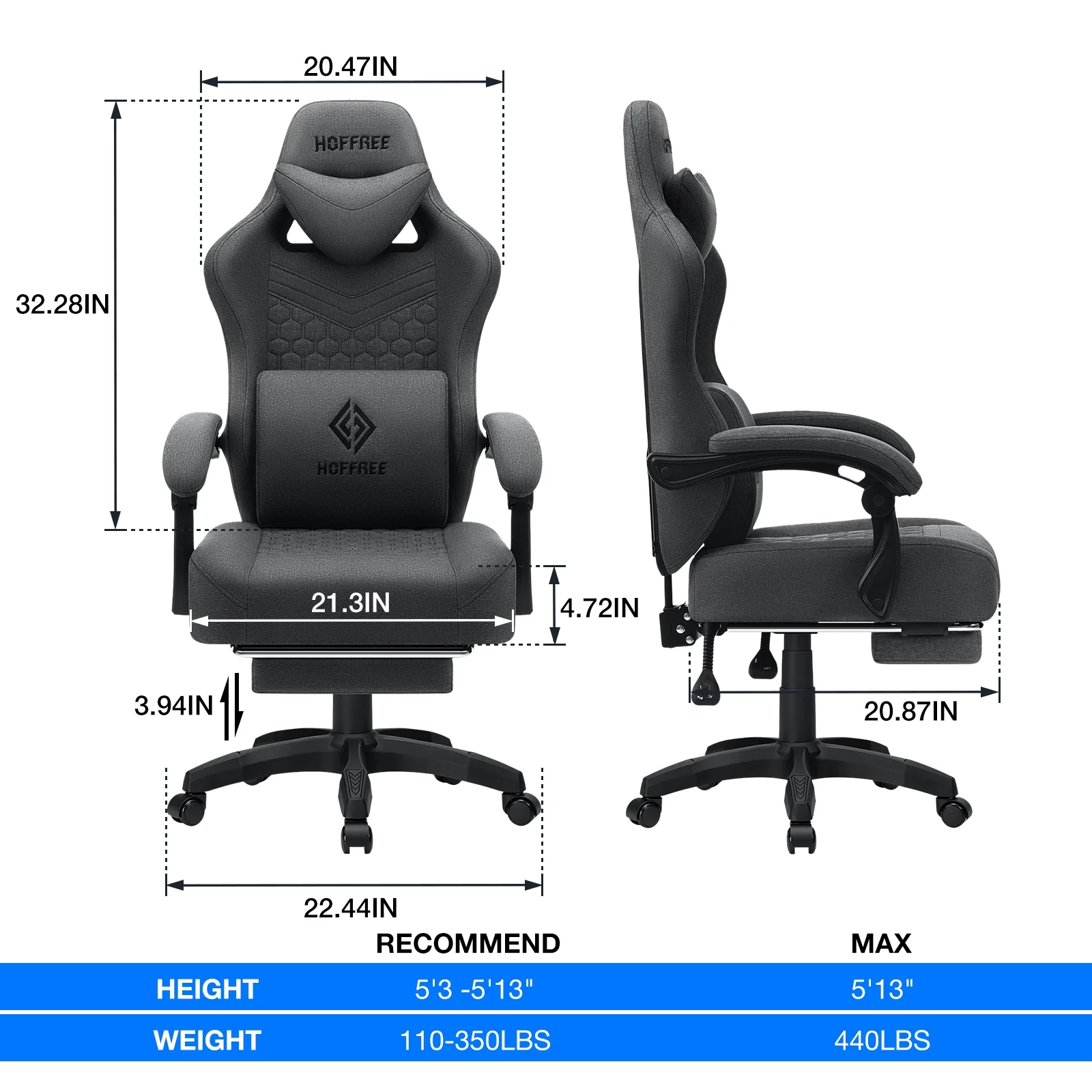 Hoffree Gaming Chair with Massage Fabric Office Chair with footrest for Adults, Ergonomic Gamer Chair with Headrest and Lumbar Support for Office Gaming, 440 LBS - Image 62