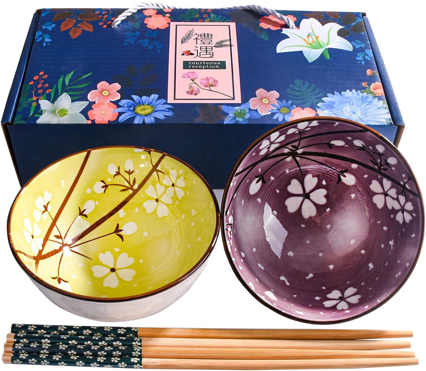 Japanese Cherry Blossom Ceramic Rice Bowl Set with Chopsticks Set of 2, Purple and Green