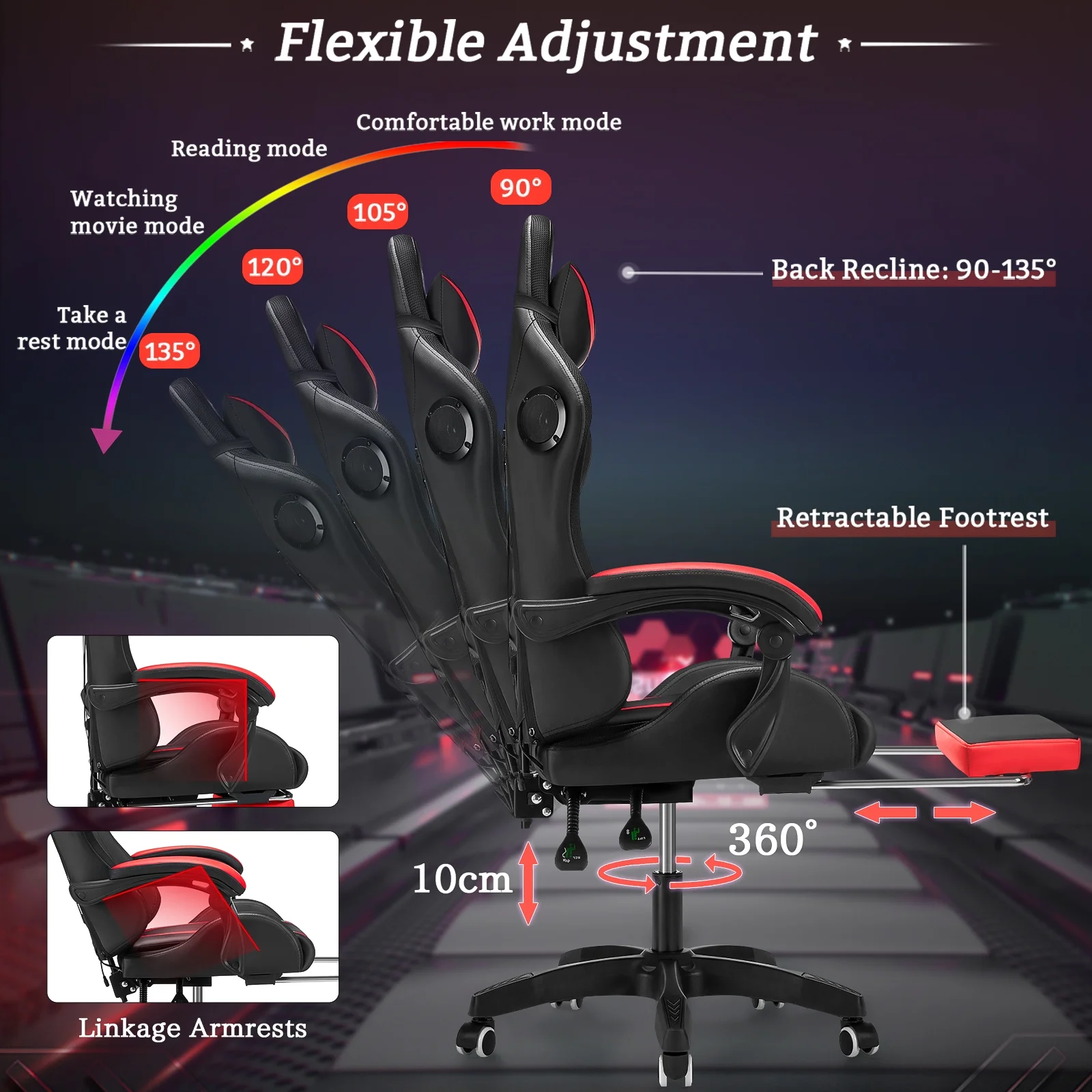 Hoffree Gaming Chair with Speakers PU Leather Office Chair with Footrest and LED Lights Ergonomic Gamer Chair with Massage Lumbar Support and Headrest Adjustable Swivel for Home Office 300lb - Image 57