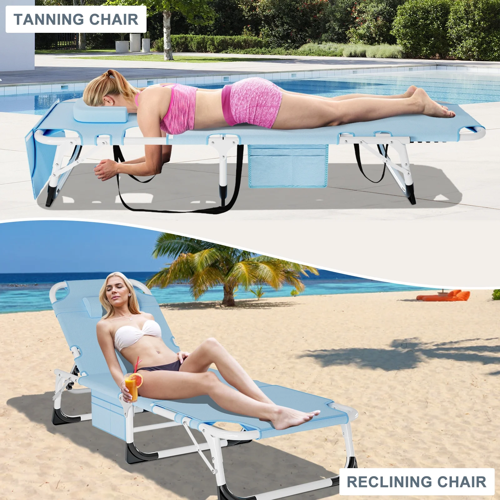 MOPHOTO Lounge Chair with Mattress, Outdoor Chaise Lounge Support 440 Lbs, Adjustable Portable Heavy Duty Sleeping Cots Bed for Camping, Pool, Beach, Patio - Image 43