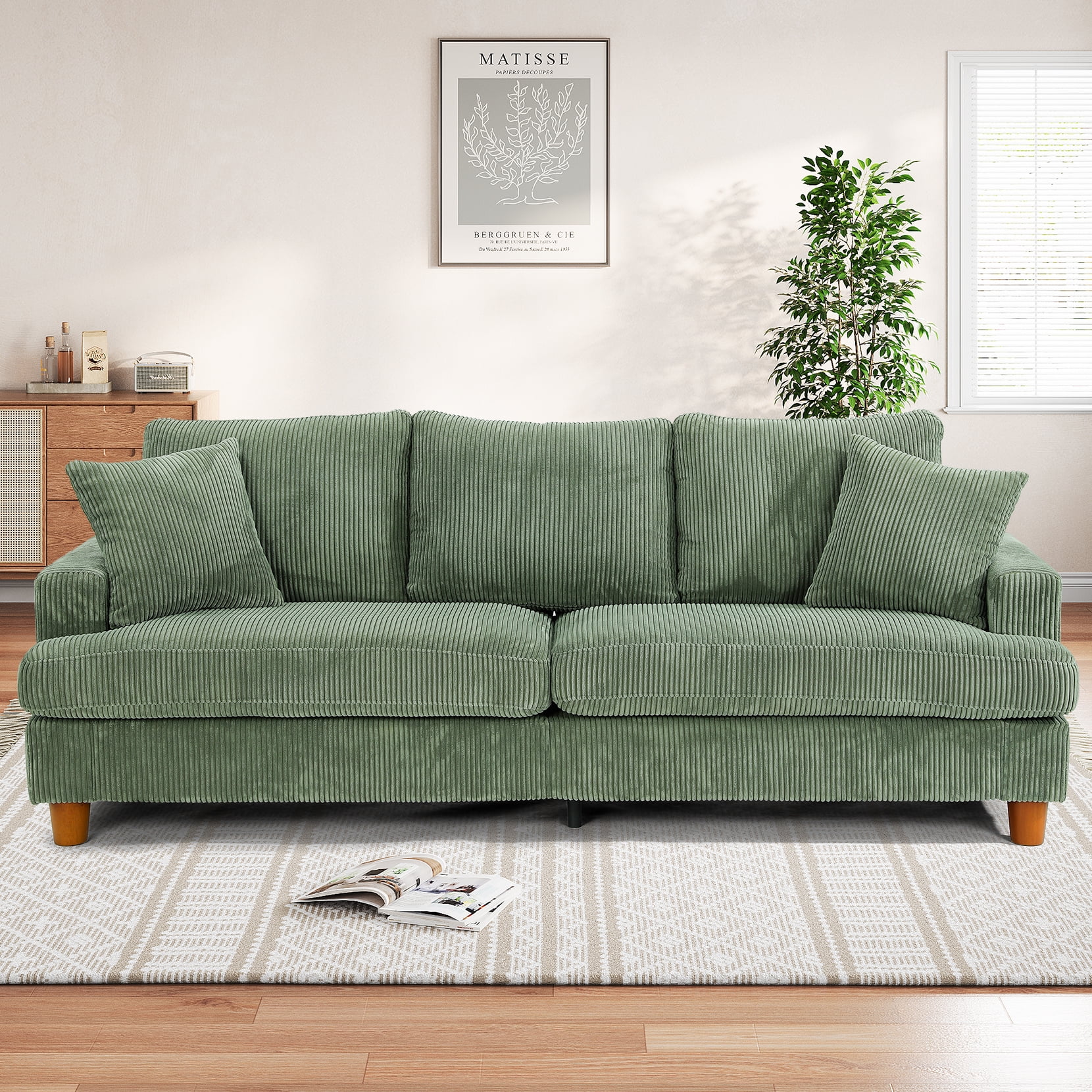 87" Corduroy Sofa,3 Seater Sofa with Extra Deep Seats,Neche Comfy Upholstered Couch for Living Room,2 Pillows,Green - Image 10
