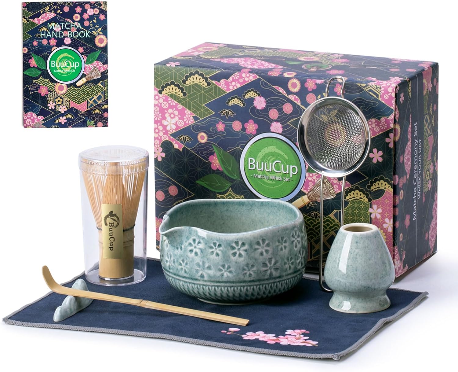 Buucup Matcha Whisk Set, Ceramic Matcha Kit Set Includes Matcha Bowl, Matcha Whisk and Holder, Bamboo Scoop, Scoop Rest, Sifter and Tea Towel - 7 Pcs Matcha Kit for Matcha Lovers (Mottled Green)