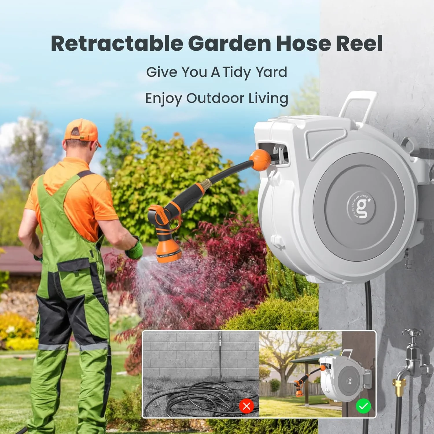 Giraffe Tools Retractable Garden Hose Reel with 1/2in-100ft Water Hose, Plastic Bracket, Wall Mounted, Dark Grey - Image 40