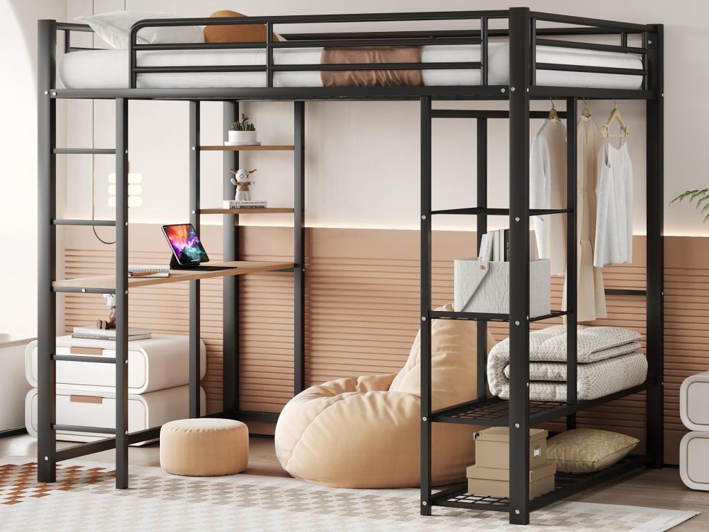 Cama entrepiso de metal 140x200 cm - con mesa y estantes - Negro