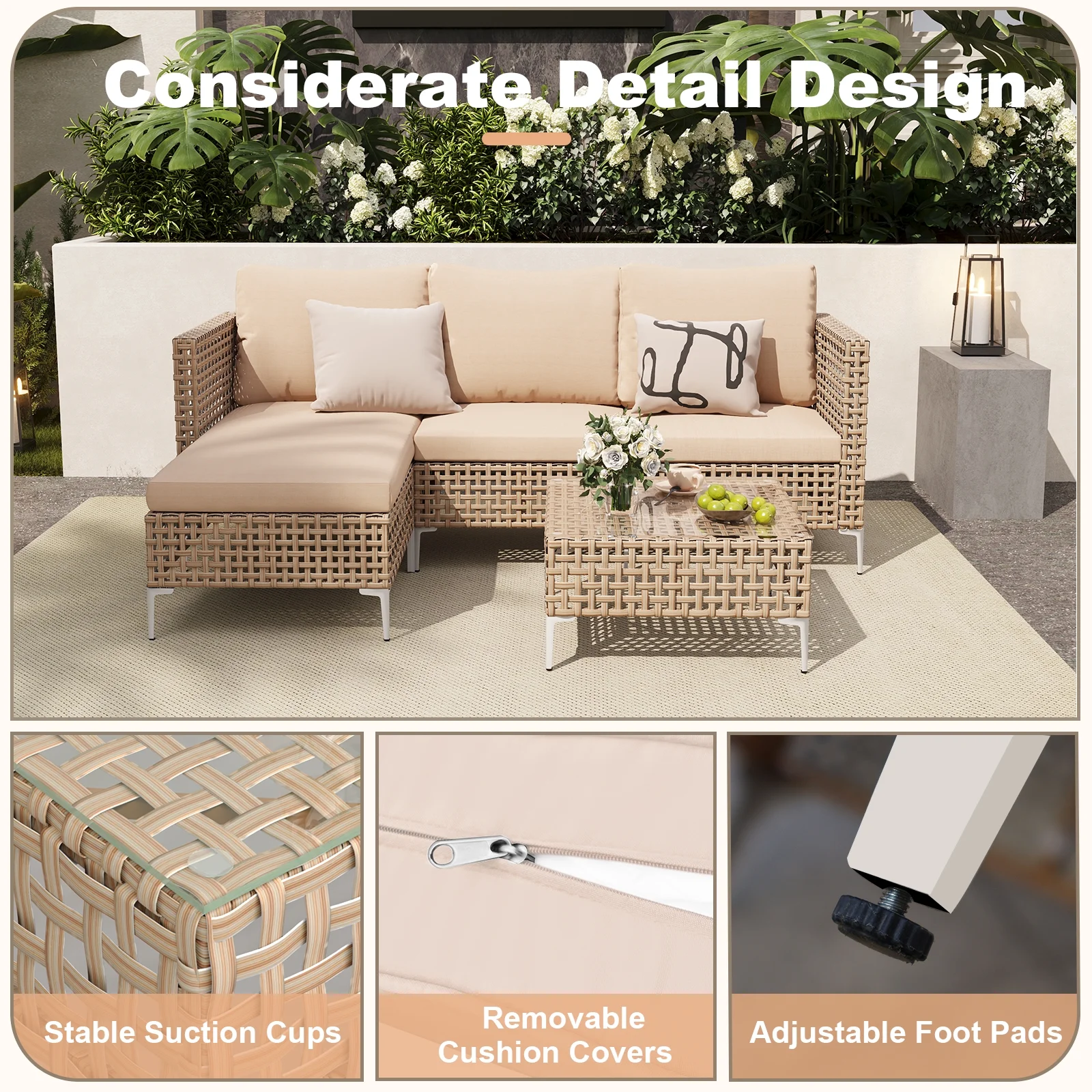 3 Piece Patio Furniture Set with Chaise Longue & Coffee Table, Outdoor Wicker Conversation Set for Patio, Porch, Backyard - All-Weather Yellow/Beige Cushions (Waterproof & Fade-Resistant) - Image 7