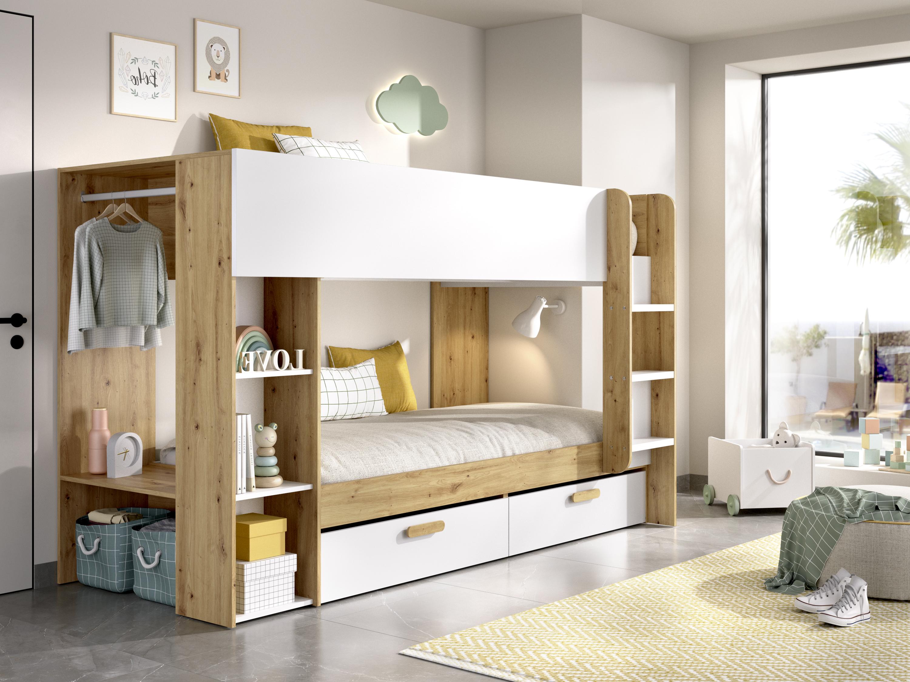 Litera 2 x 90 x 200 cm con compartimentos y ropero - Blanco y natural