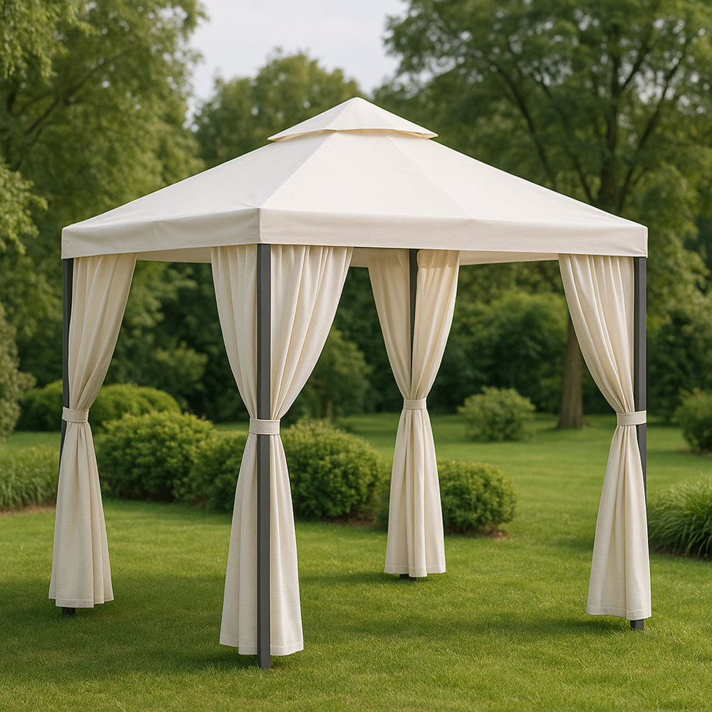 Cenadores cuadrado exterior con cortinas 300x300x270 cm beige SPEiyGg412zr