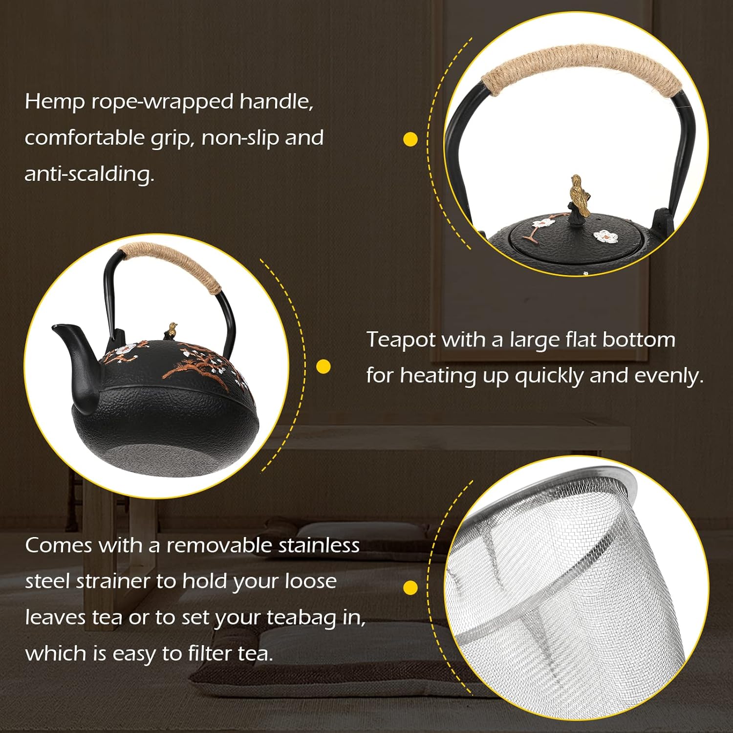 Dyna-Living Cast Iron Teapot 1200ml/40.6oz Japanese Tea Set with 4 Tea Cups Japanese Cast Iron Teapot with Infuser Japanese Tea Kettle Stovetop Gift for Tea Lover