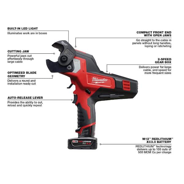 Milwaukee M12 12V Lithium-Ion Cordless 600 MCM Cable Cutter Kit With One 3.0Ah Battery, Charger And Hard Case - Image 5 Milwaukee M12 12V Lithium-Ion Cordless 600 MCM Cable Cutter Kit With One 3.0Ah Battery, Charger And Hard Case - Image 5