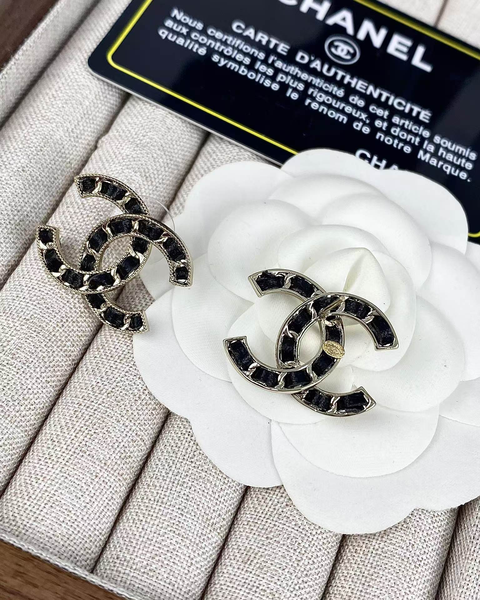 Chanel Light Gold & Black Leather Double C Earrings - Original Replica Club