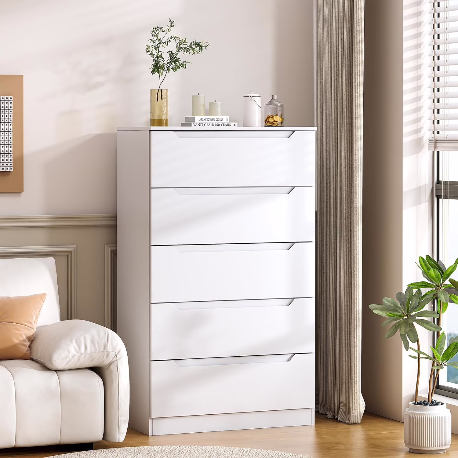 Winkalon Vertical 5 Drawer Dresser, Wood Storage Cabinet with Upgraded Stable Base for Bedroom Living Room, Black - Image 3