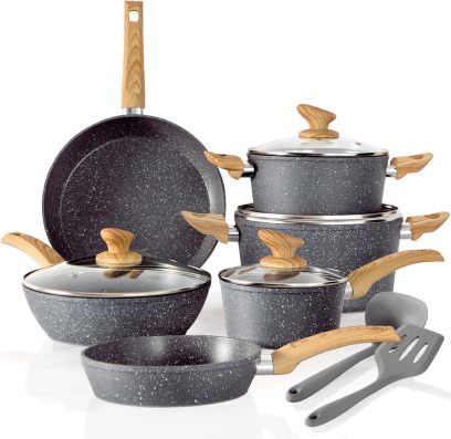 Kitchen Academy Induction Cookware Sets - 12 Piece Green Cooking Pan Set, Granite Nonstick Pots and Pans Set
