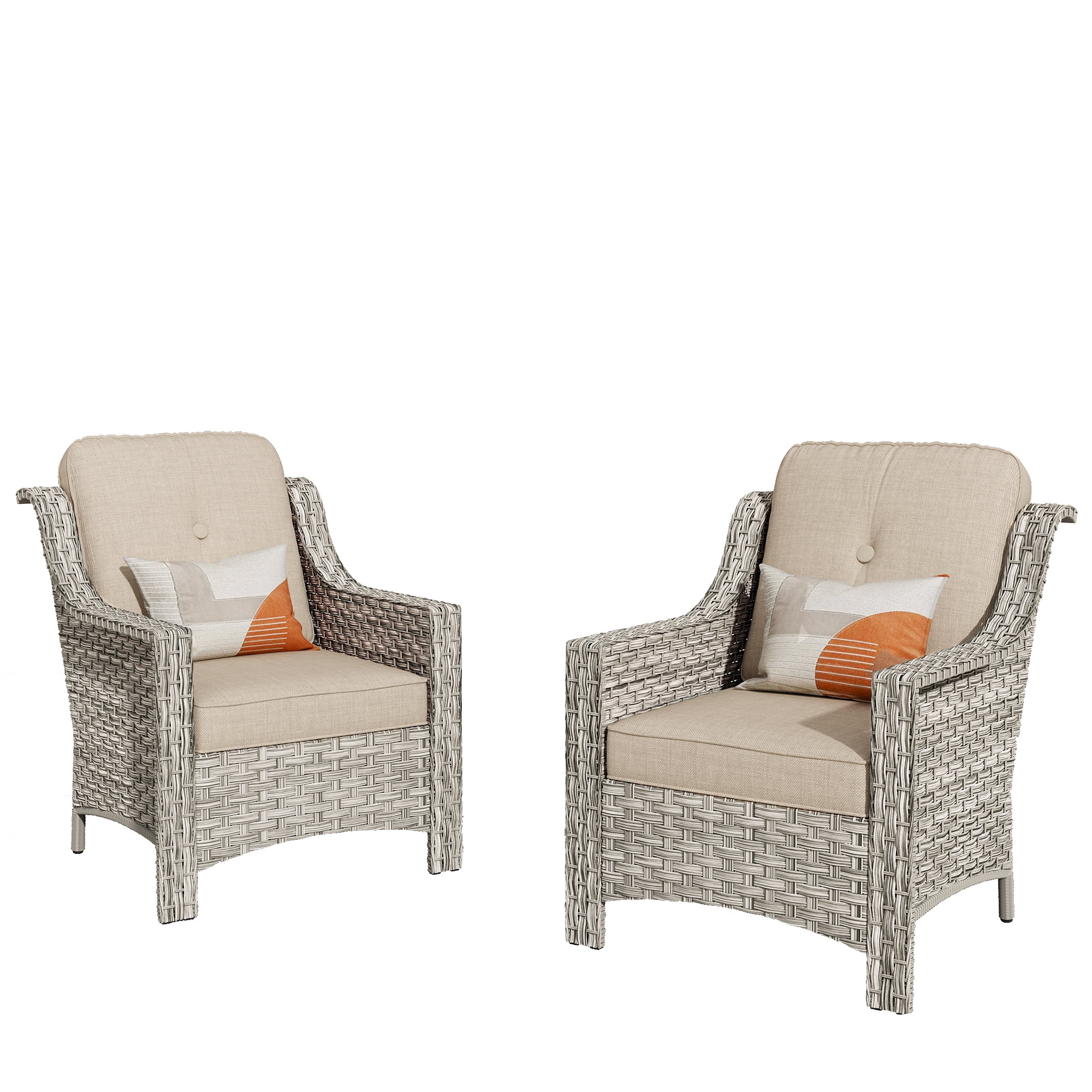 Ovios Backyard Single Chairs Set 2 Metal Wicker Rattan with Cushion, Beige Grey / Beige - Image 2