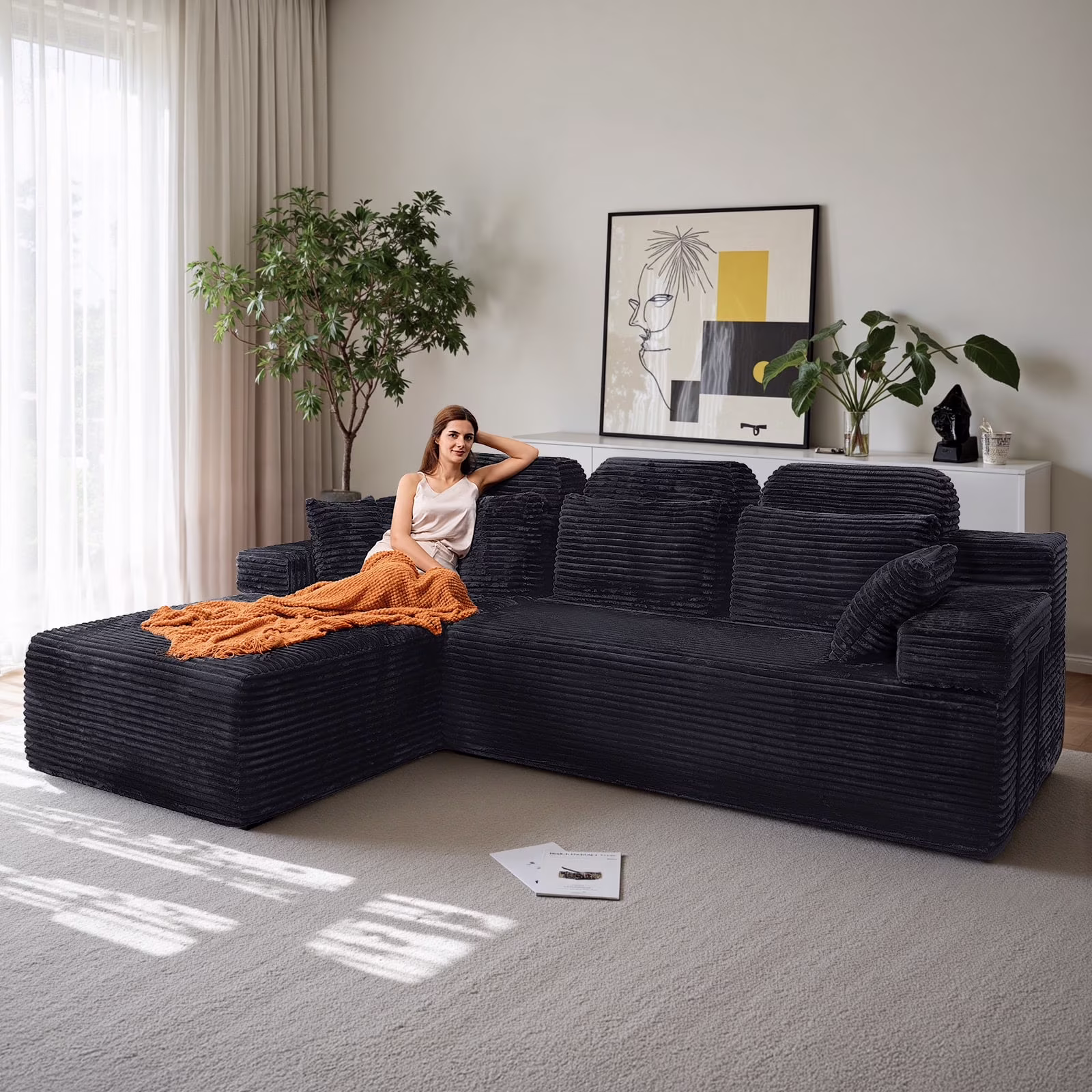 106" High Backrest Sectional SofaCouch, L - Shape Sectional Sofa Convertible Left or Right Chaise, Cloud Corduroy, Boneless Couches Comfortable for Living Room3 - Seat(Black-L-Shaped)