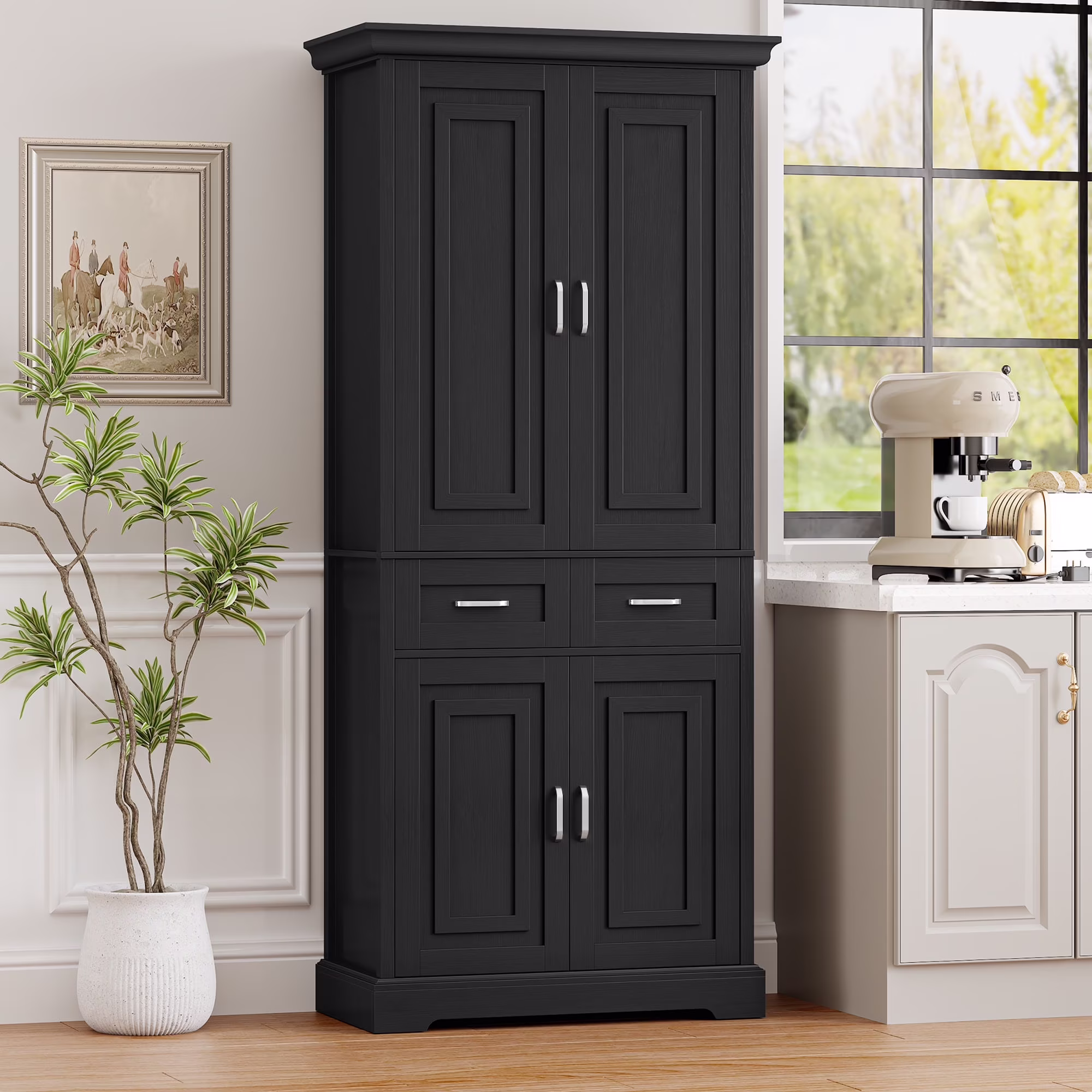 Homfa 70.9'' Tall Kitchen Pantry with 4 Doors, 2 Drawer Modern Freestanding Storage Cabinet for Dining Room Living Room, White
