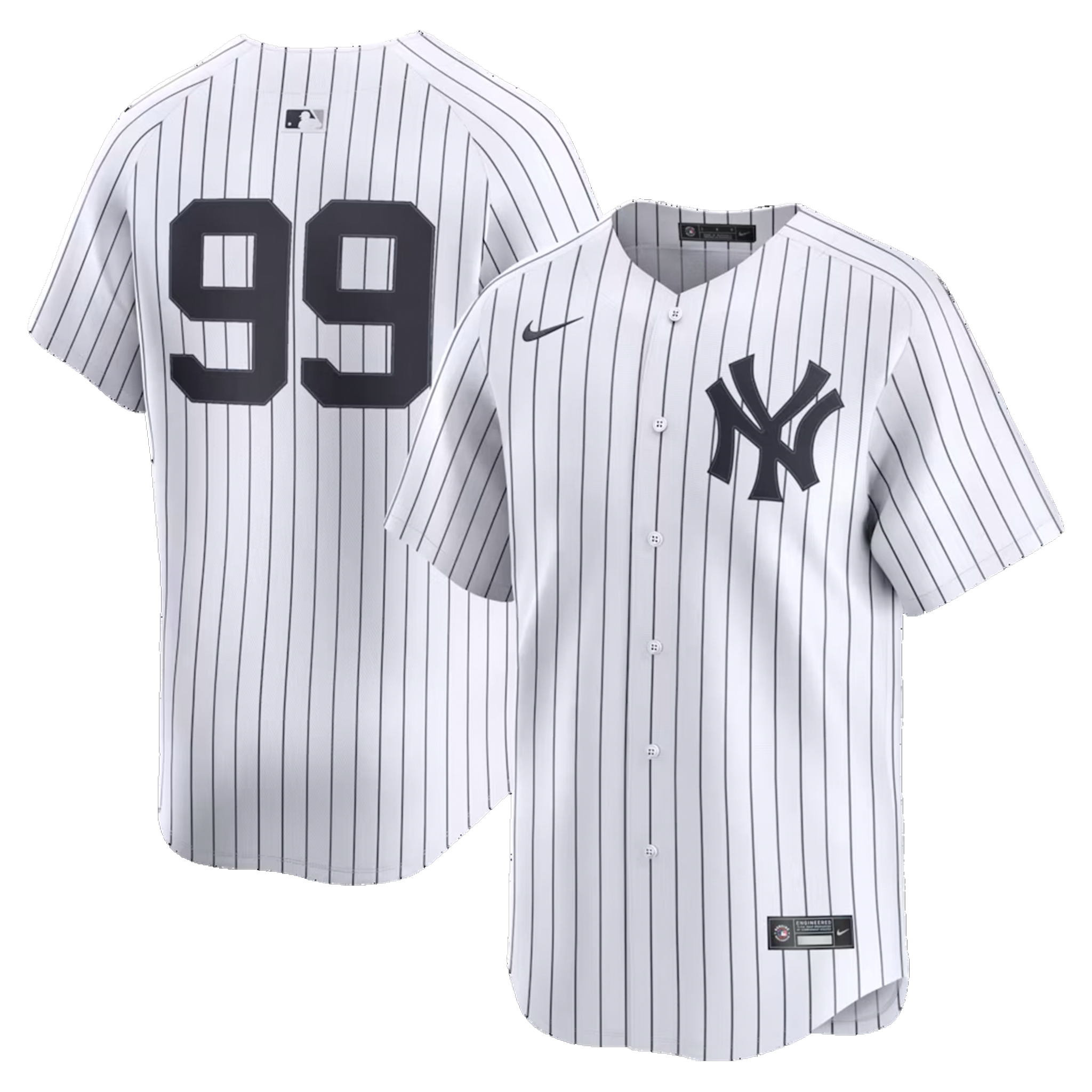 Front and back view of the white and navy pinstripe Nike New York Yankees Aaron Judge 99 Home Replica Jersey.
