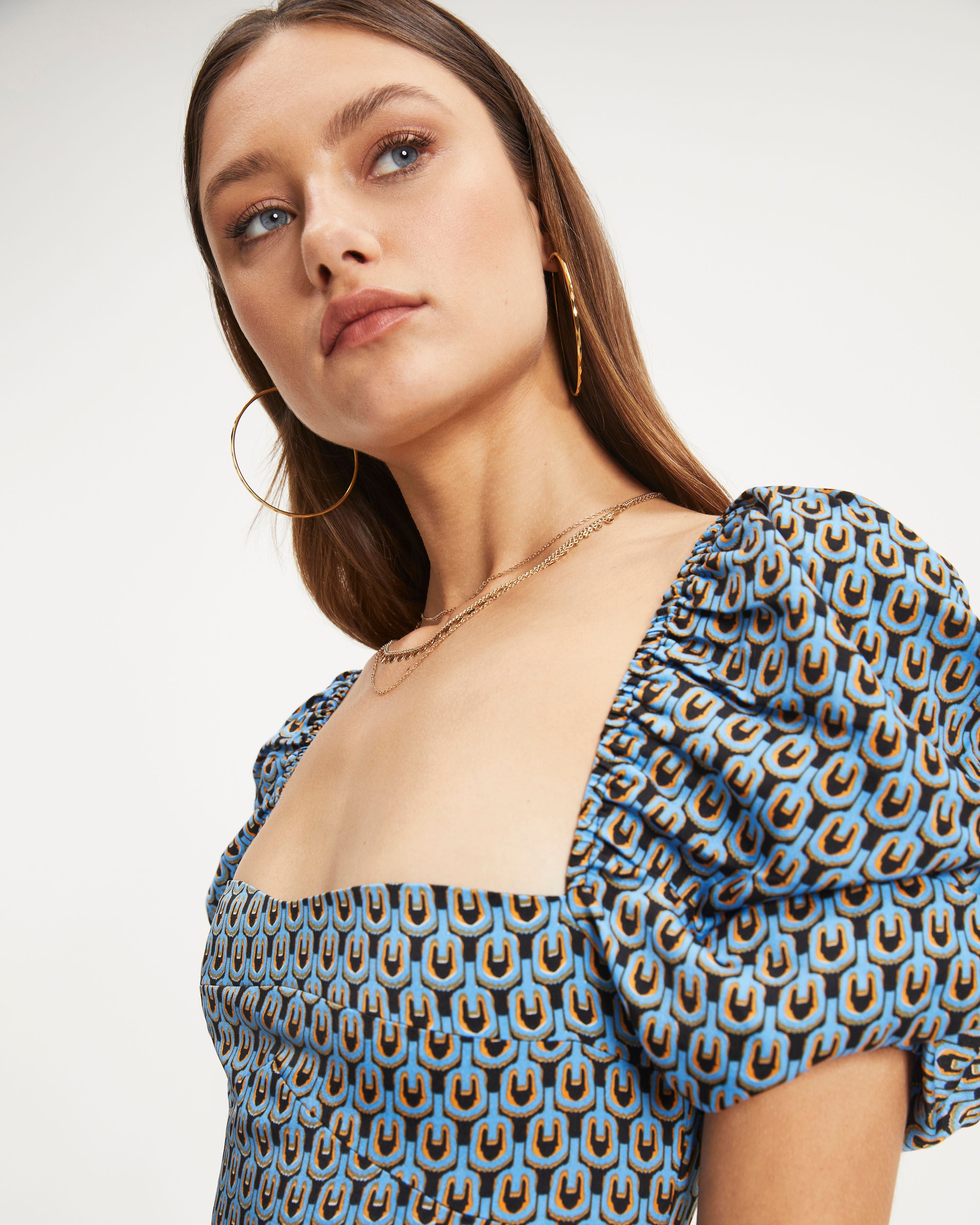 Bellona Printed Puff Sleeve Slit Midi Dress - Se7enfashion