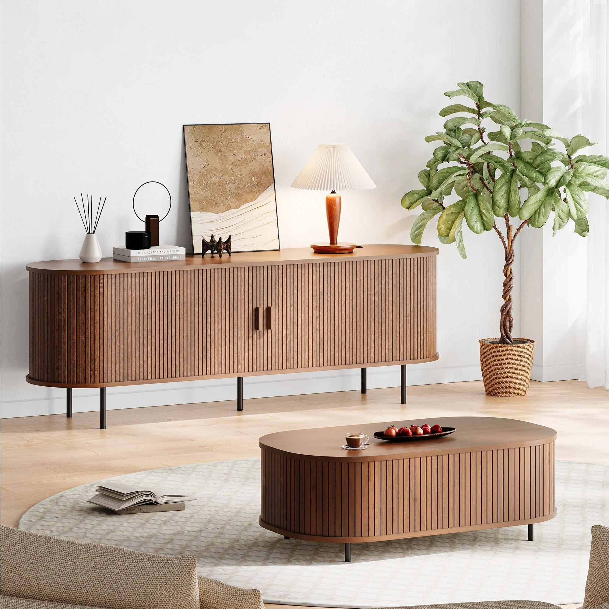 MARNUR 63" TV Stand for 70" TV, Wood Entertainment Center with Storage and Shelves, 2 Sliding Tambour Doors, Mid-Century Modern, Walnut - Image 7