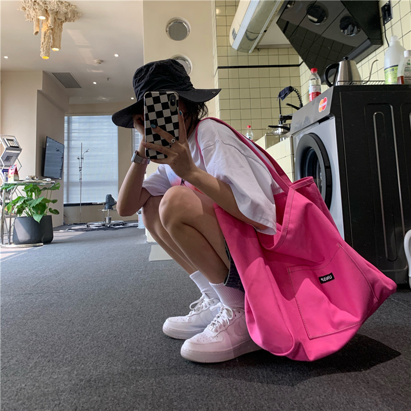 Huanghuangjia Solid Color Canvas Bag 2021 New Ins Women's Bag Large Capacity Simple Korean Style Single Shoulder Artistic Crossbody Bag