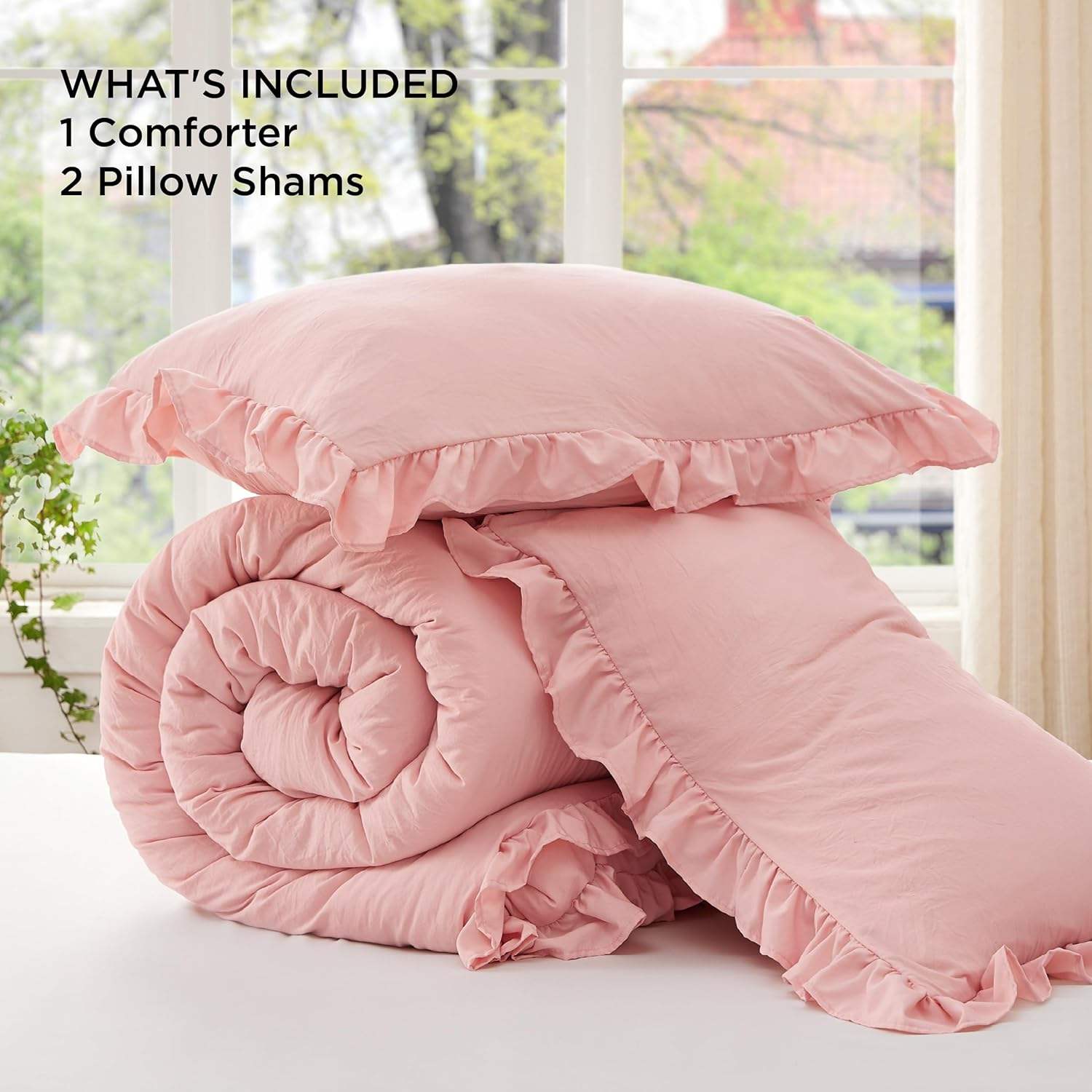 3 Pieces Pink Ruffle Edge Comforter Set Vintage Shabby Chic Style All Season Soft Breathable for Bedroom Home