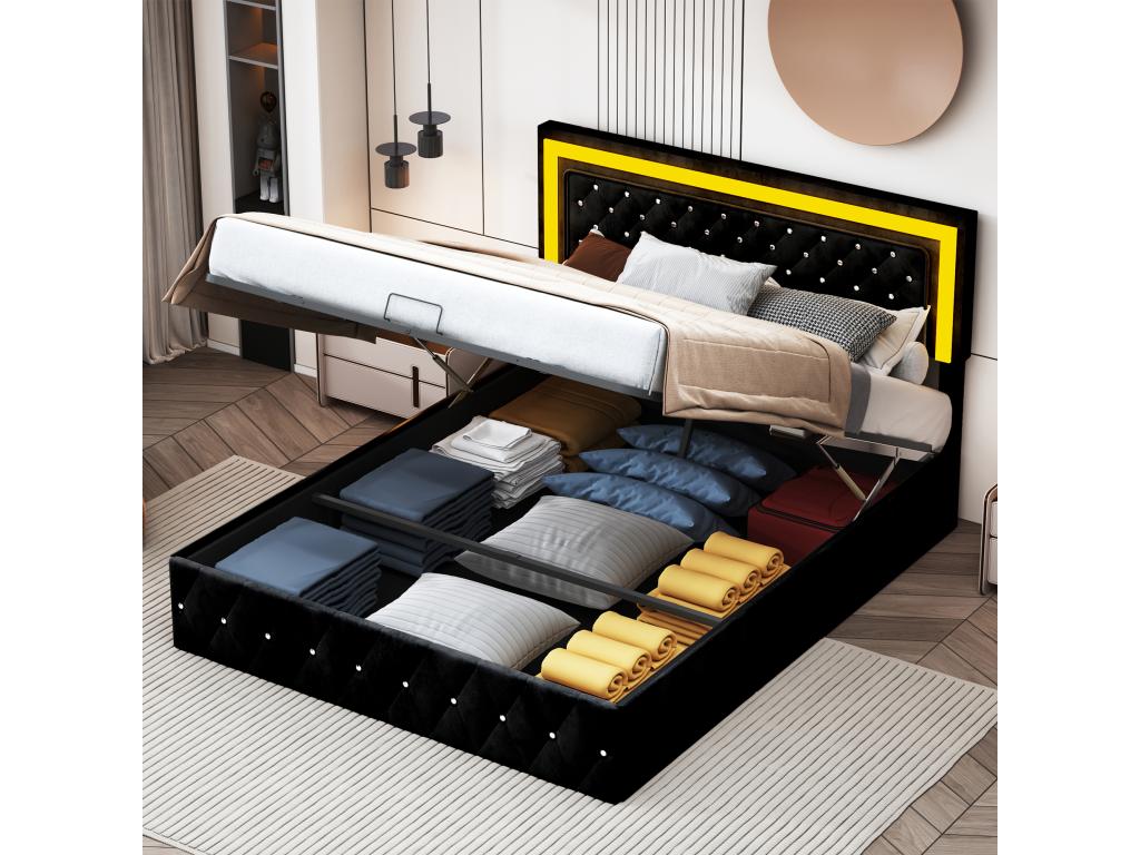Cama 180 x 200 cm con LED y almacenamiento - cabecero ajustable - Terciopelo - Negro