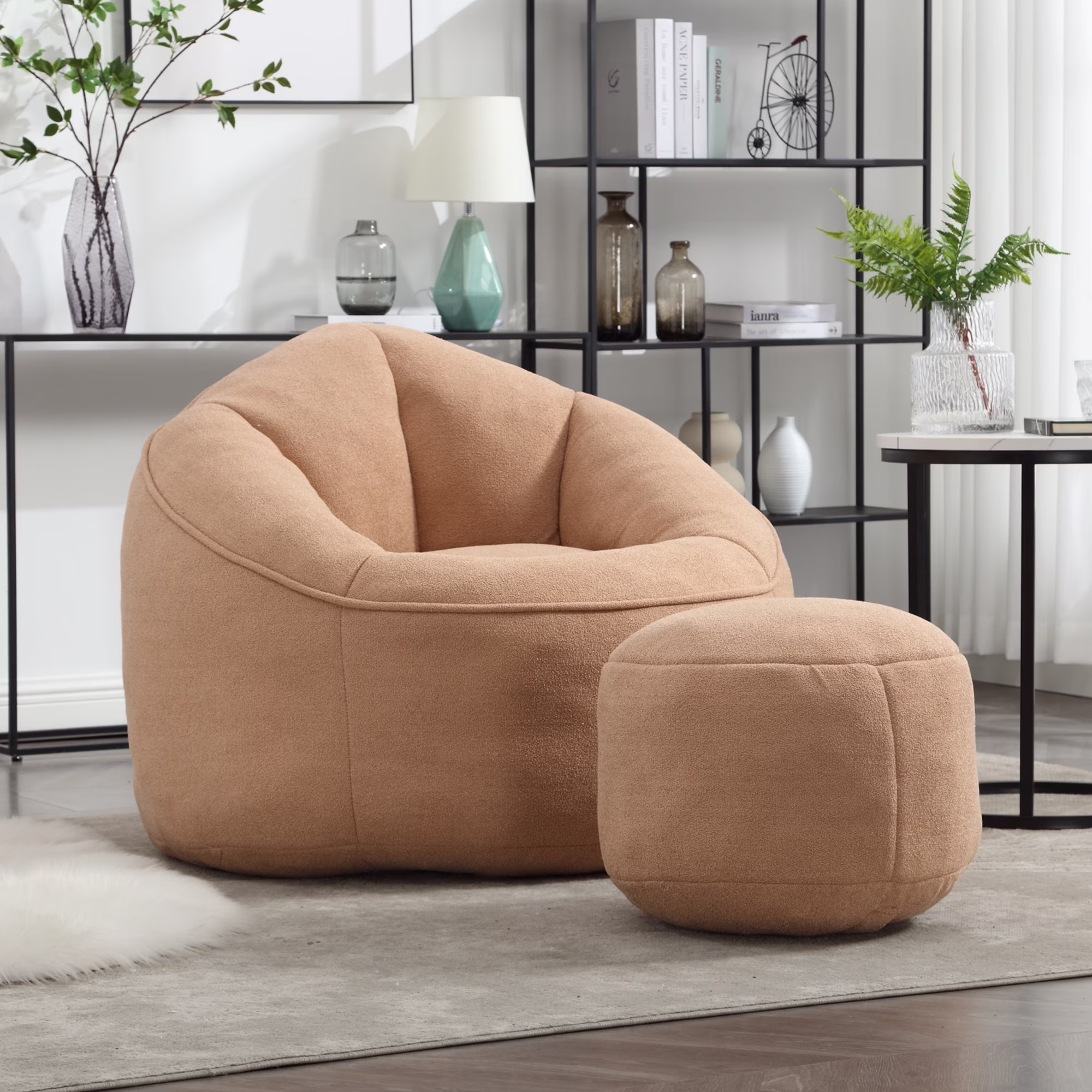 MOONMISS Microfiber Upholstered High Pressure Foam Round Lazy Bean Bag Sofa Chair with Ottoman-Gray - Image 3