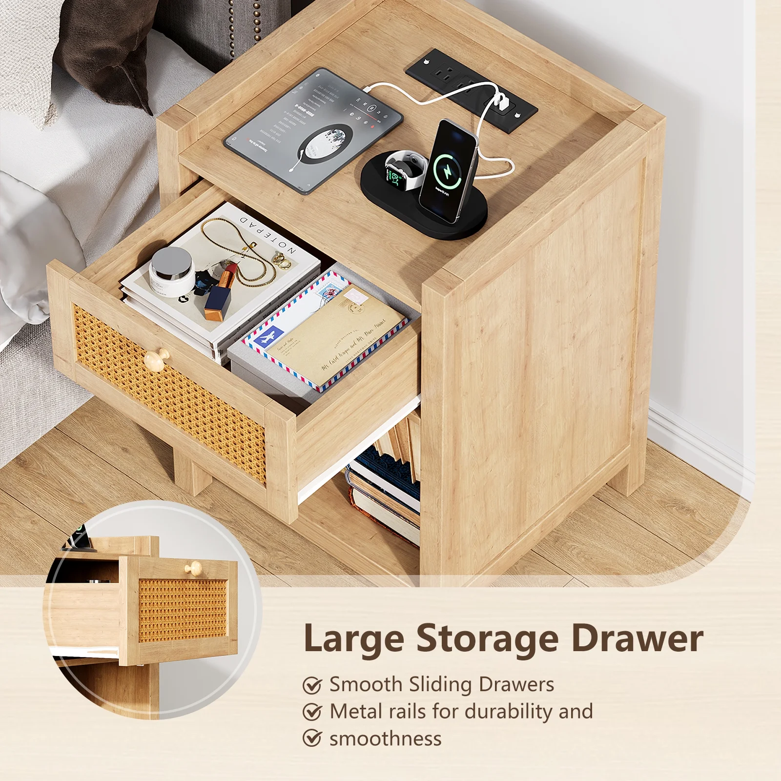LGHM Nightstand Set of 2 with Charging Station, Farmhouse Bedside Tables Night Stands with Drawer, Boho Side Tables for Bedroom, Living Room, Oak - Image 2