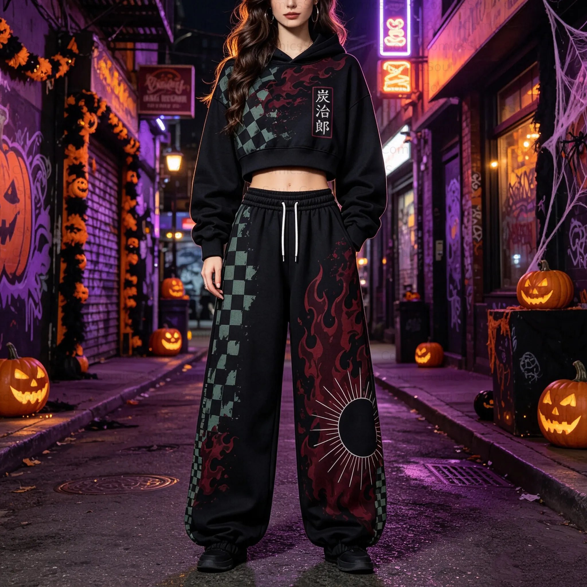 Demon Slayer Cropped Long Sleeve Hoodie & High Waist Jogger Pants Two Piece TeeThreads Sustain the Scene with Custom Apparel