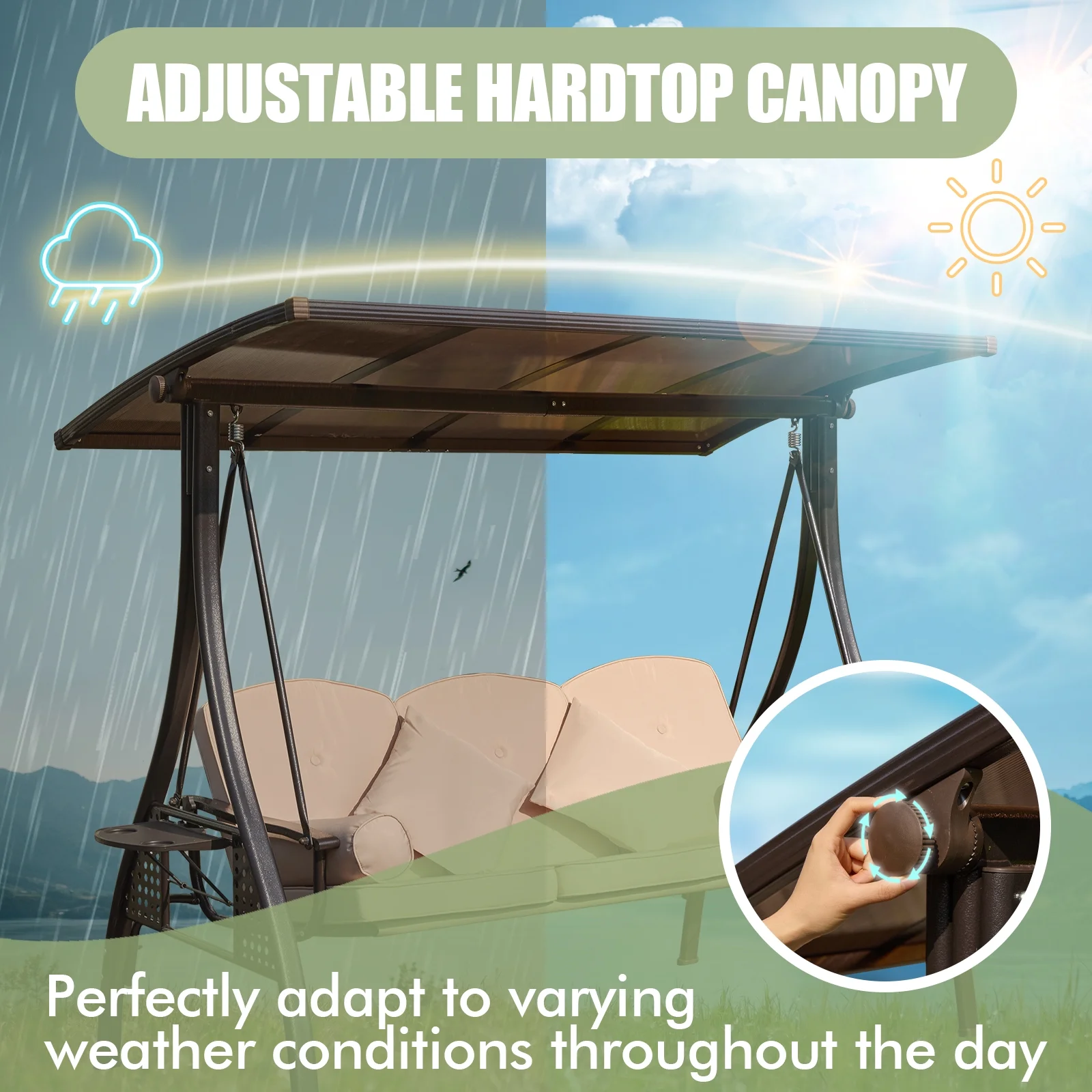 3-Seat Patio Porch Swing with Adjustable Hardtop,3 in 1 Convertible Outdoor Porch Swing for Adults,Patio Swing with Thicken Cushion,Pillows & Cup Holders for Porch,Backyard,Garden (Wine Red) - Image 2
