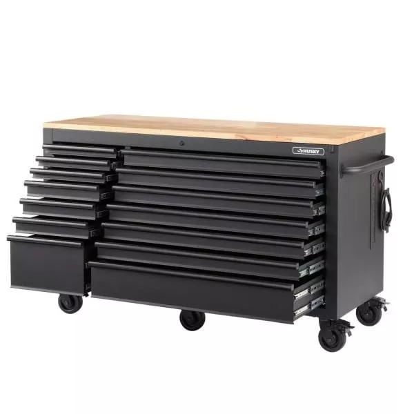 HEAVY-DUTY 62 IN. W 14-DRAWER, DEEP TOOL CHEST MOBILE WORKBENCH IN MATTE BLACK WITH ADJUSTABLE-HEIGHT HARDWOOD TOP