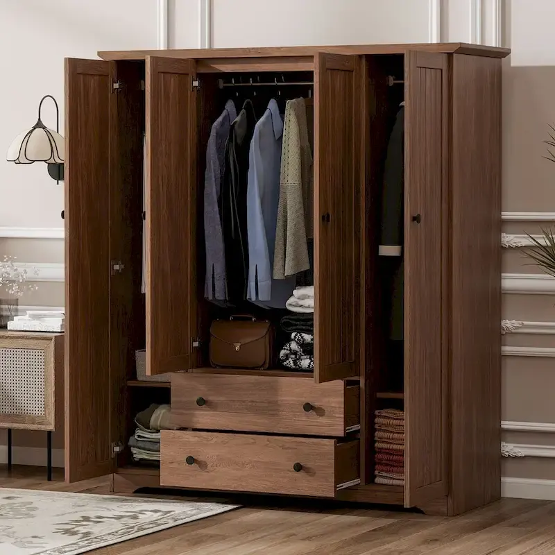 Freestanding 4-Door Wardrobe Armoire with 2 Drawers and Hanging Rods for Clothes Storage