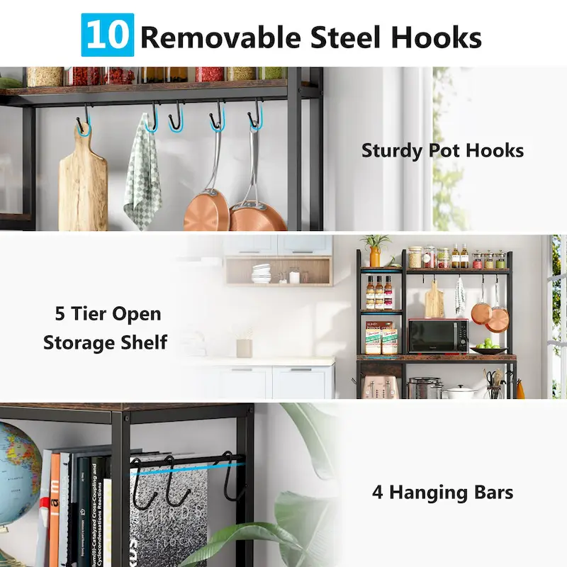 43-Inch Kitchen Bakers Rack with Microwave Stand - 5-Tier Utility Storage Shelf and 10 Hooks for Kitchen and Living Room