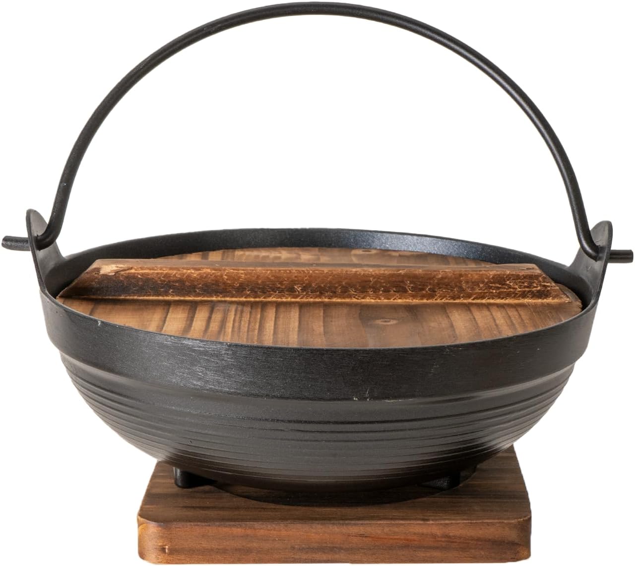 Urban Tokyo Sukiyaki Tetsu Nabe Pot with Wooden Lid and Tray Japanese Style Nabemono Hot Pot Hiking Stove Pan Stockpot Wok for Outdoor Aluminum Alloy