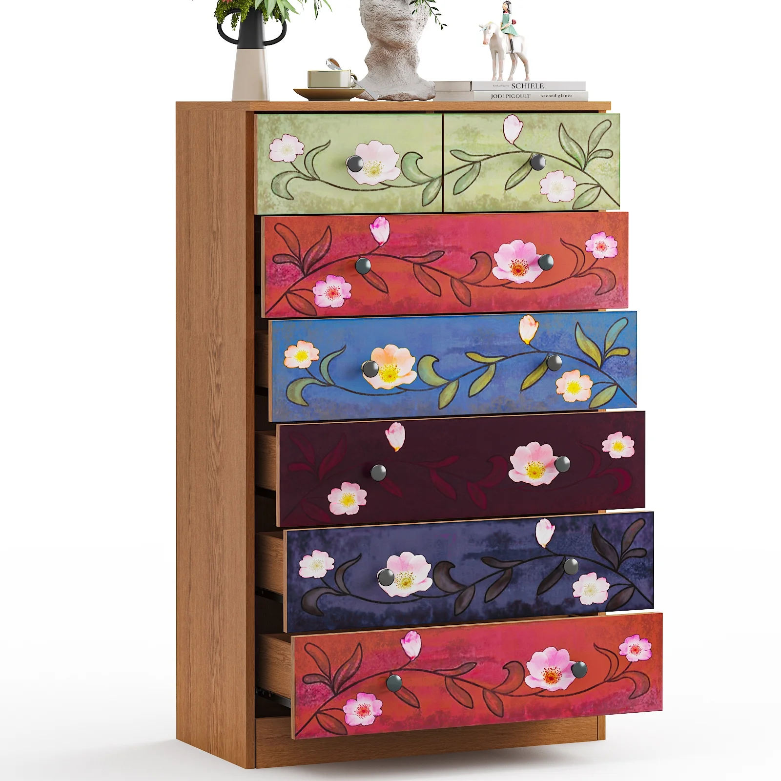 Ktaxon Wood 6-Drawer Dresser Organizer for Bedroom Storage Tower for Entryway Hallway Closet, Tall Chest Organizer Unit with Wood Bins, Floral Painted Wooden - Image 15