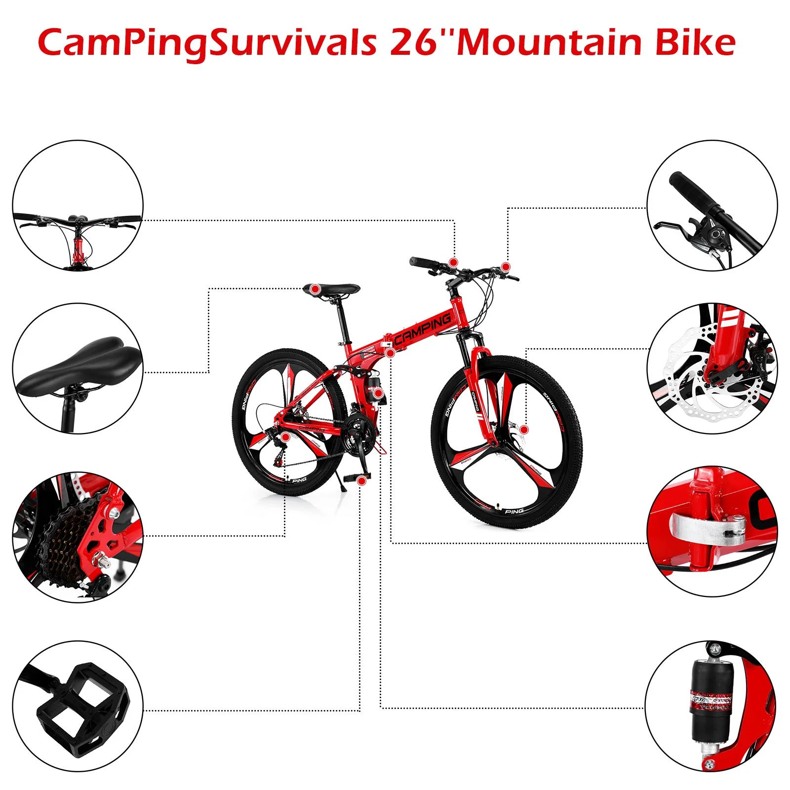 Zimtown 26" Folding Mountain Bike, Shimano 21 Speed MTB Bicycle for Adults, Black - Image 8