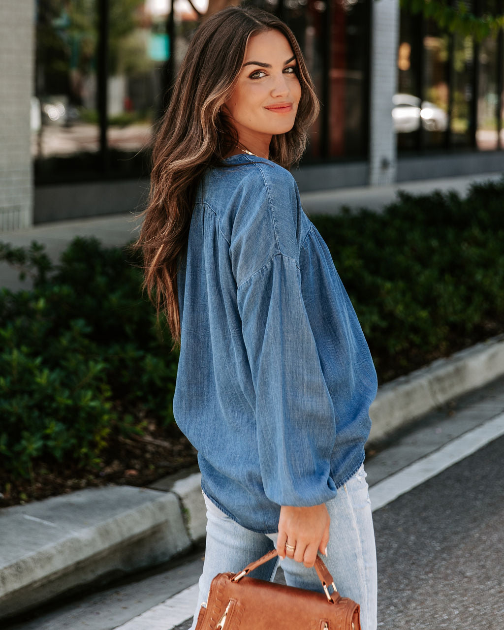 Blue Crew Chambray Henley Tencel Top - SALE - Se7enfashion