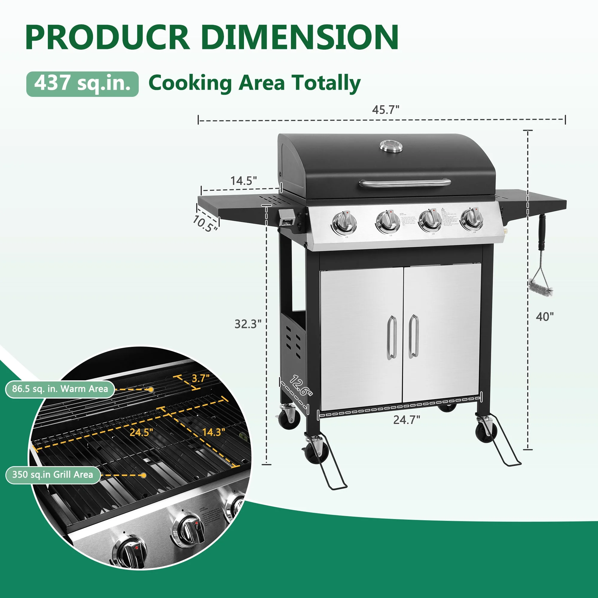 4-Burner Gas Grill with 4 Universal Wheels & Bottle Opener, 40000BTU Outdoor Grill with Side Table for Camping, Black & Sliver - Image 2
