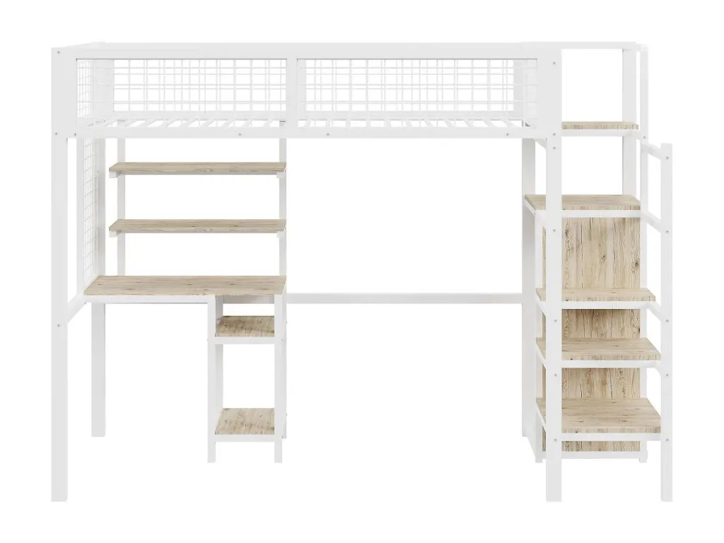 Cama alta 90x200 cm con escritorio, estantes, escalera y armario - estructura de metal - Cosinor ned1672897