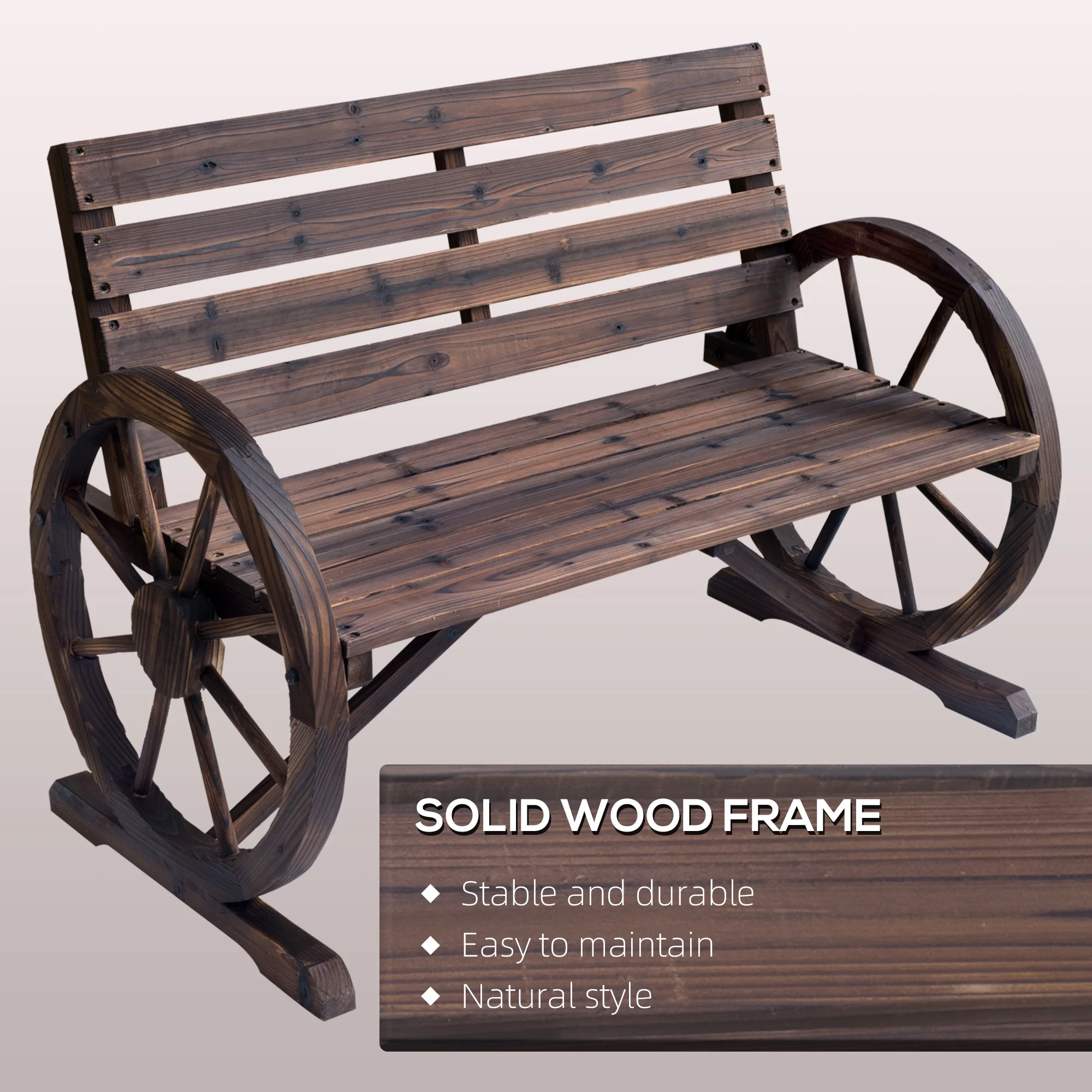 Outsunny Wooden Wagon Wheel Bench Rustic Outdoor Patio Furniture, 2-Person Seat Bench with Backrest Carbonized - Image 5