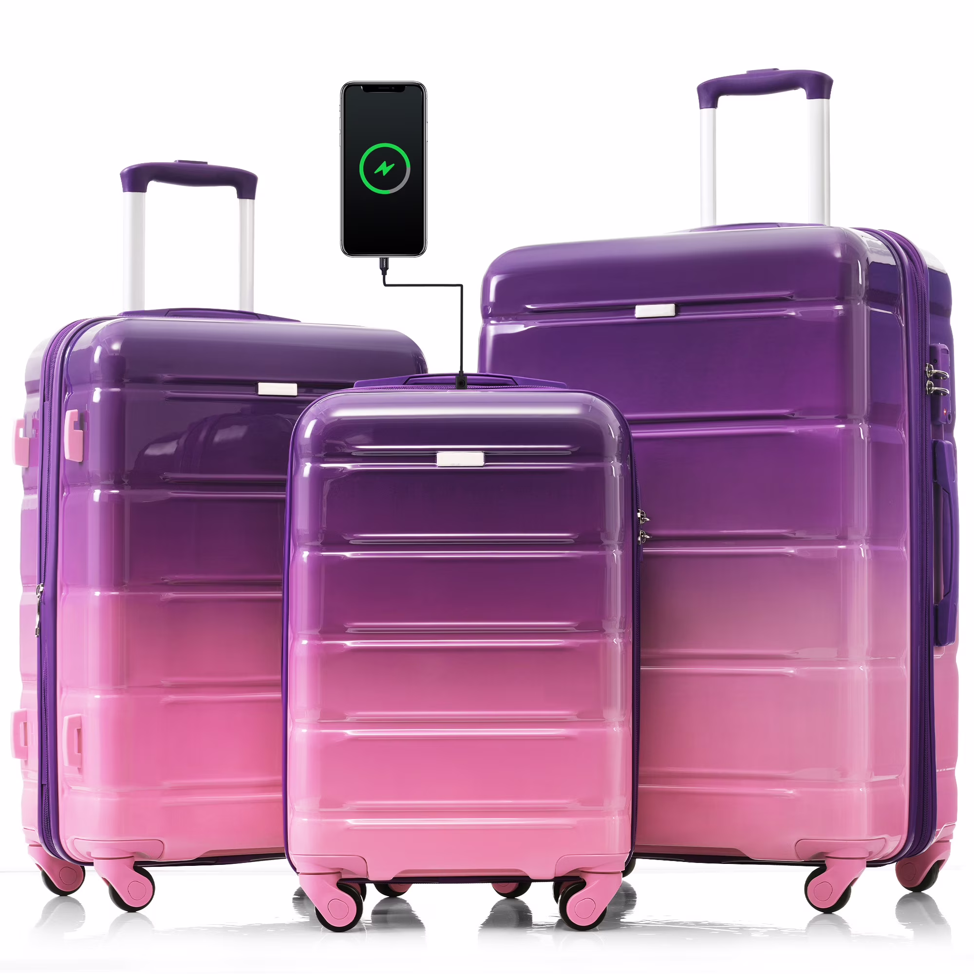 PAPROOS 3-Piece Luggage Set (20''/24''/28''), Hardshell Lightweight Suitcase with USB Port and Side Hooks, Travel Luggage with TSA-Lock, Hardside Rolling Luggage for School, Travel, Pink - Image 11