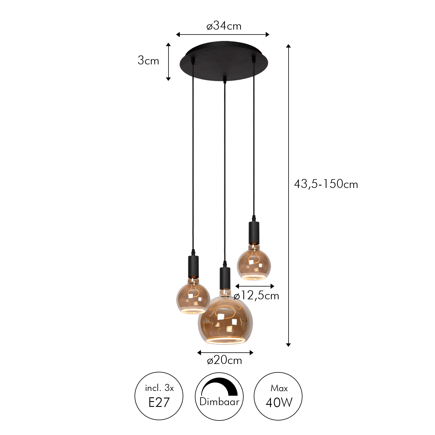 Atmooz Sapa 3 Hanglamp – Ø34 cm – Zwart – Incl. Floating Globe – E27