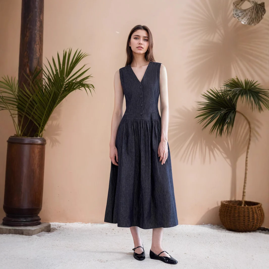 V-neck pocket mid-length dress loose sleeveless dress - Se7enfashion