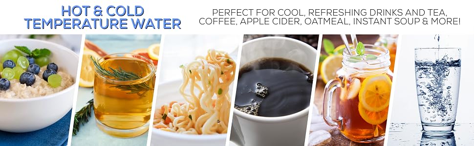 Hot and cold temperature water, for cool refreshing drinks and tea, coffee, oatmeal and more