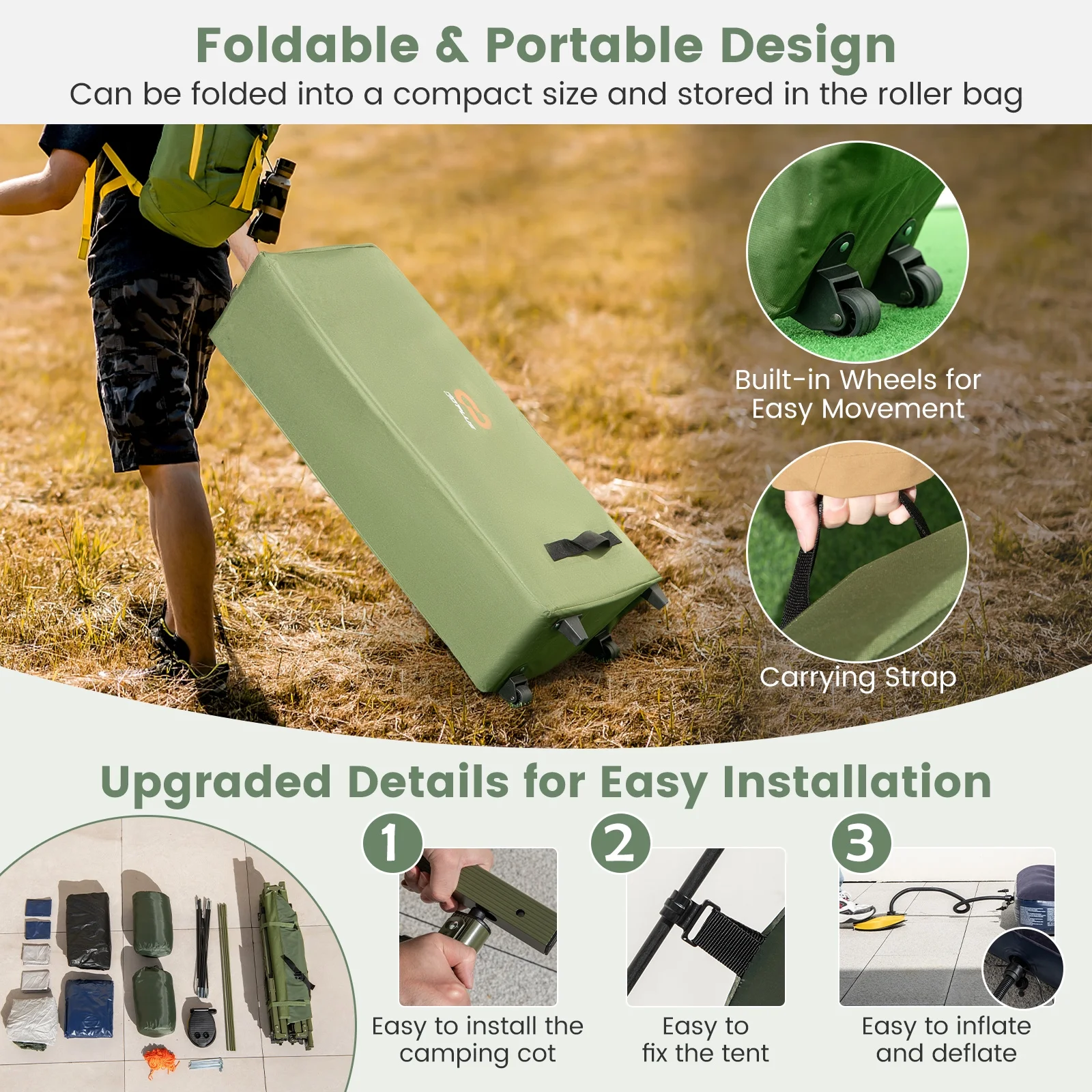 Gymax 2-Person Camping Tent Cot 5-in-1 Folding Camping Bed w/ Air Mattress Pillow Sleeping Bag - Image 7