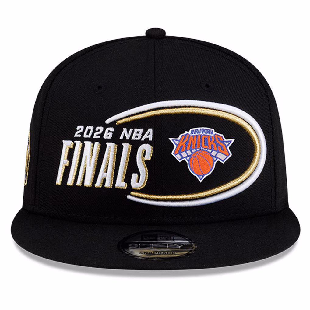 Front view of the black New York Knicks 2026 NBA Finals snapback hat featuring raised white and gold embroidery with the team logo.