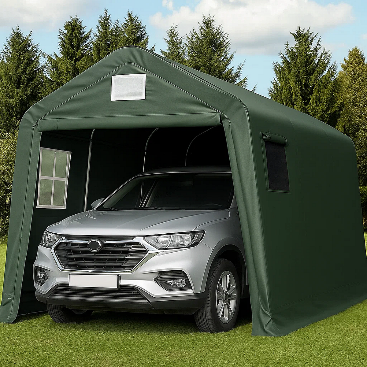 Carpa garaje 3,6x5,2x2,6 m PE verde impermeable con ventanas laterales