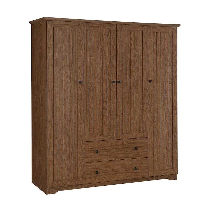 Freestanding 4-Door Wardrobe Armoire with 2 Drawers and Hanging Rods for Clothes Storage