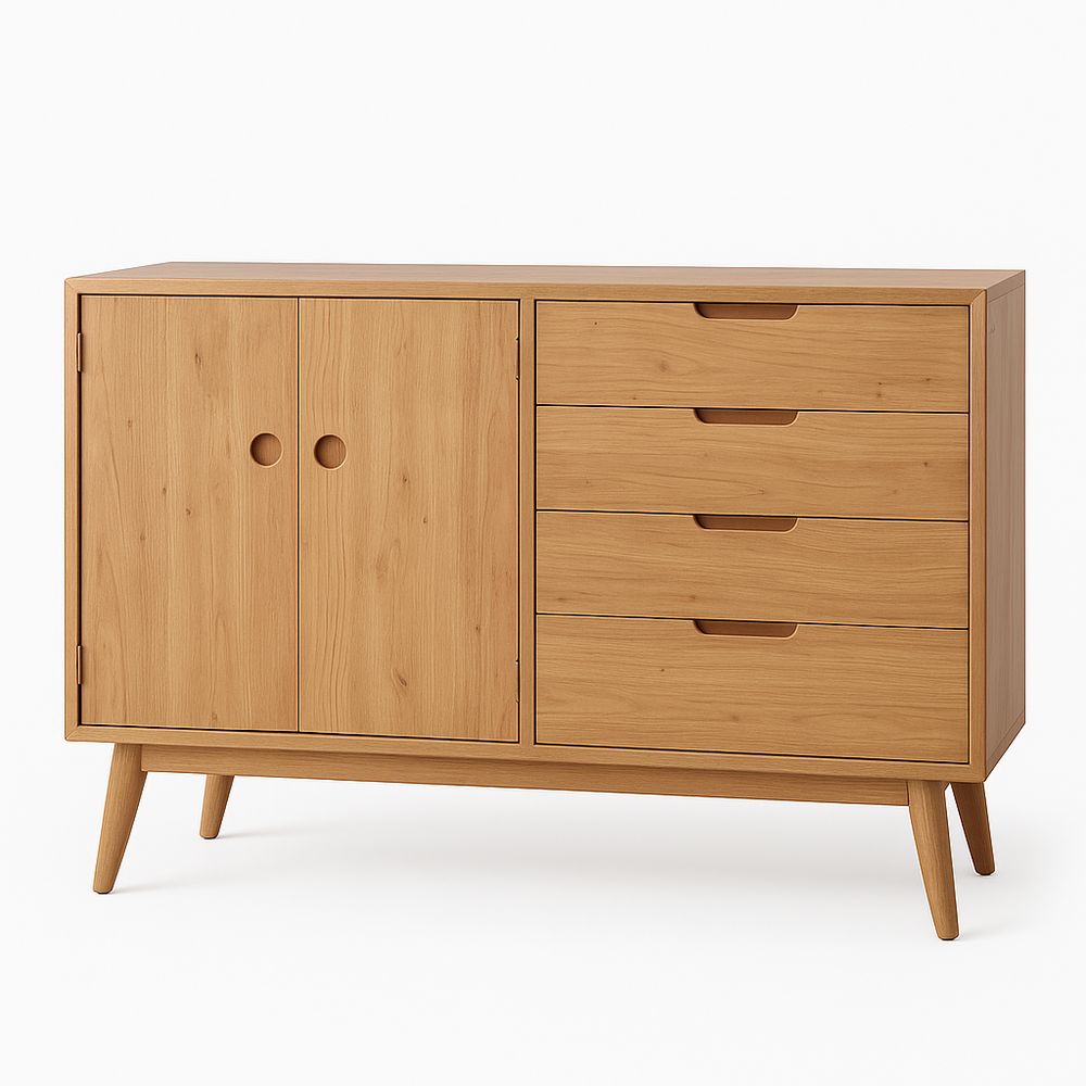 Mueble de almacenamiento de madera natural con cuatro cajones y armario,diseño moderno,elegante y funcional,adecuado para sala de estar y comedor